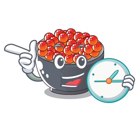 With clock roe salmon on cartoon wooden plate vector illustrationのイラスト素材
