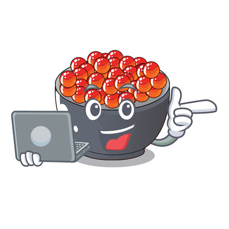 With laptop roe salmon in a cartoon bowl vector illustrWith laptop ationのイラスト素材