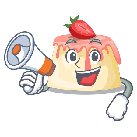 With megaphone Strawberry pudding in wooden cartoon bowl vector illustrationのイラスト素材