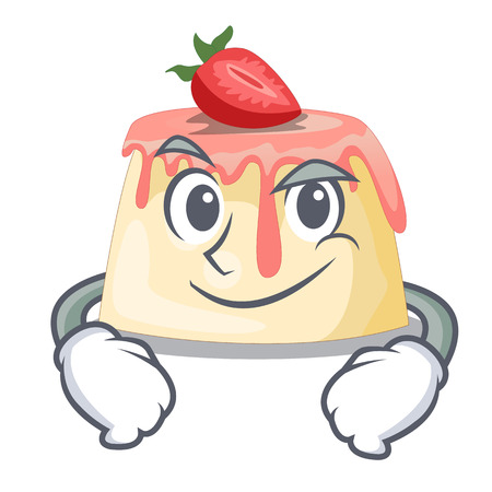 Smirking Strawberry pudding on wooden cartoon table vector illustrationのイラスト素材