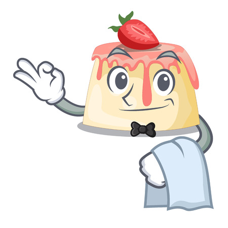 Waiter homemade strawberry pudding on character board vector illustrationのイラスト素材