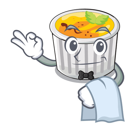 Waiter creme brulee on wooden character table vector illustrationのイラスト素材