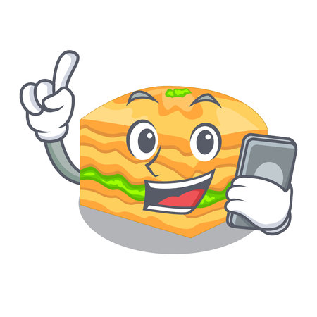 With phone cartoon baklava is served on plate vector illustrationのイラスト素材
