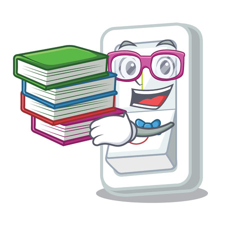 Student with book light switch above cartoon wooden wall vector illustrationのイラスト素材