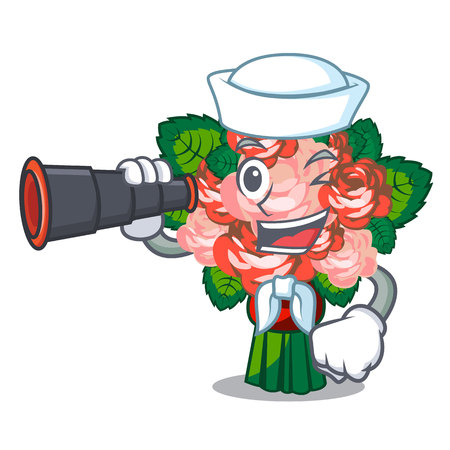 Sailor with binocular flower bouquet on isolated with mascot vector illustrationのイラスト素材