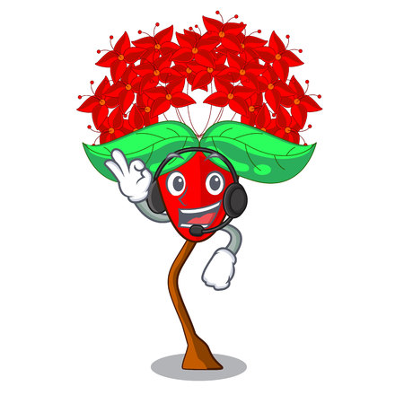 With headphone flower ixora isolated with the mascot vector illustrationのイラスト素材