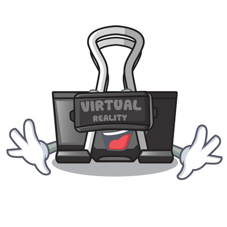 Virtual reality cartoon binder clip above wooden table vector illustrationのイラスト素材