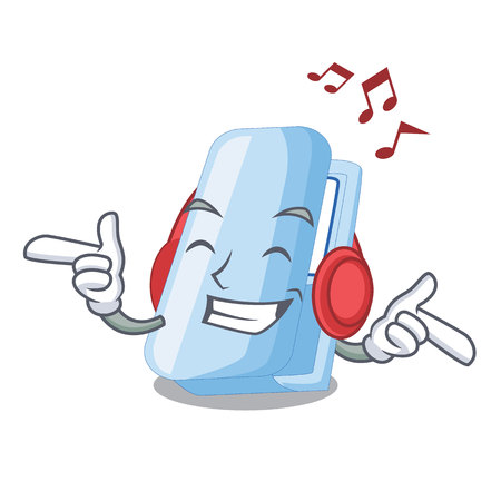 Listening music cartoon staplers on above wooden tables vector illustrationのイラスト素材