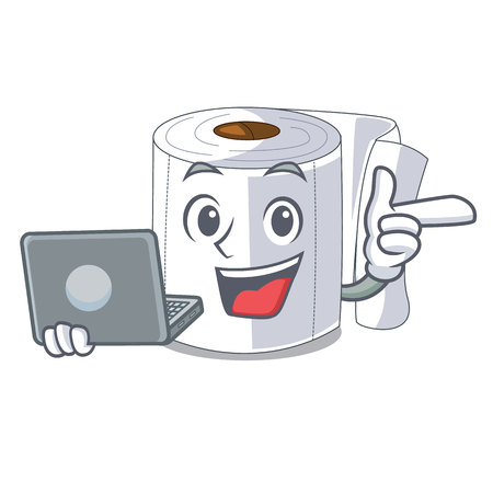 With laptop cartoon toilet paper in the bathroom vector illustrationのイラスト素材