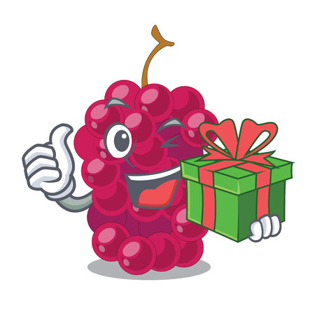 With gift mulbery fruit slices above mascot bowl vector illustrationのイラスト素材