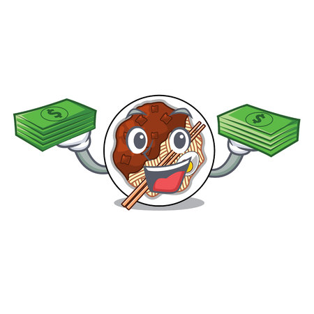 With money bag jajangmyeon is placed in mascot bowl vector illustrationのイラスト素材