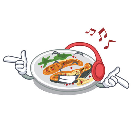 Listening music grilled salmon served on cartoon board vector illustrationのイラスト素材