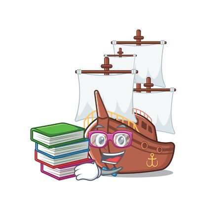 Student with book pirate ship with the cartoon shapeのイラスト素材