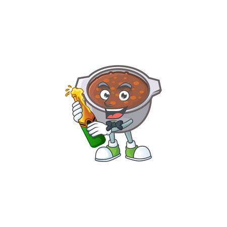 cute baked beans in character design bring beer. vector illustrationのイラスト素材