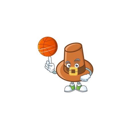 Brown pilgrim hat with the cartoon holding basketball. Vector illustrationのイラスト素材