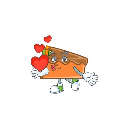 Slice cake in the cartoon character holding heart. Vector illustrationのイラスト素材