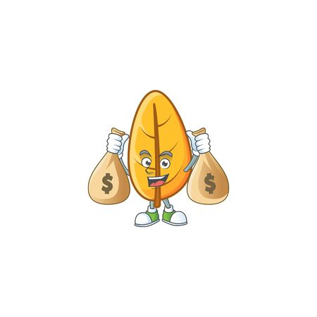 Mascot a holding money bag with yellow autumn leaves vector illustrationのイラスト素材