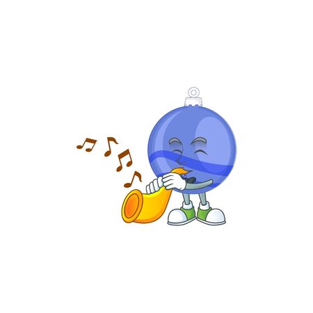 Shiny blue christmas ball cartoon with character with trumpetのイラスト素材
