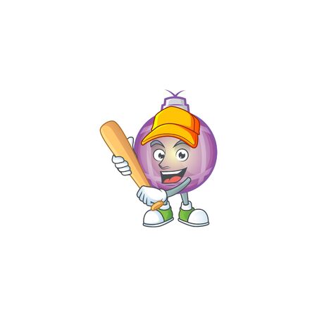 Funny smiling purple christmas ball cartoon mascot playing baseballのイラスト素材