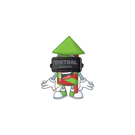 cool green stripes fireworks rocket character in Virtual reality headset. Vector illustrationのイラスト素材