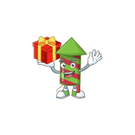 Mascot of green stripes fireworks rocket character up a giftのイラスト素材