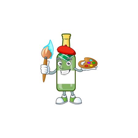 Cheerful champagne green bottle painter cartoon character with brush. Vector illustrationのイラスト素材
