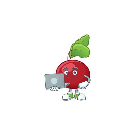 Smart red beet greens cartoon character working with laptop. Vector illustrationのイラスト素材