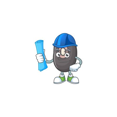 Cheerful Architect black beans cartoon character having blue prints. Vector illustrationのイラスト素材
