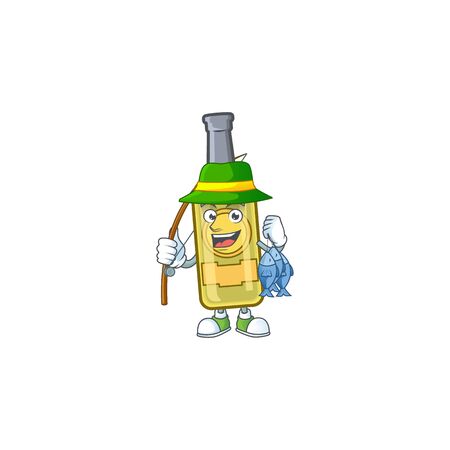 Cheerful face Fishing champagne yellow bottle mascot design. Vector illustrationのイラスト素材