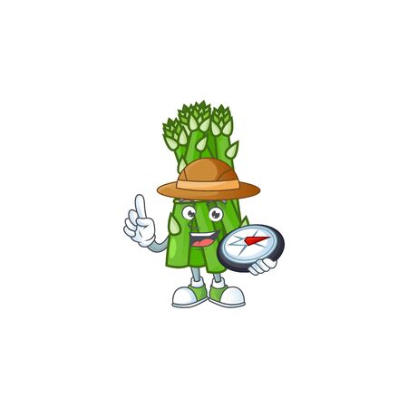 Cool Explorer asparagus cartoon character with a compass. Vector illustrationのイラスト素材