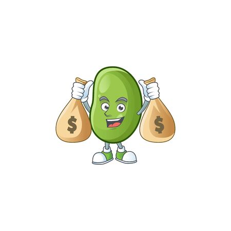 Happy green beans cartoon character with two money bags. Vector illustrationのイラスト素材