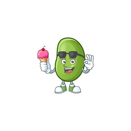 Cute green beans cartoon character with ice cream. Vector illustrationのイラスト素材