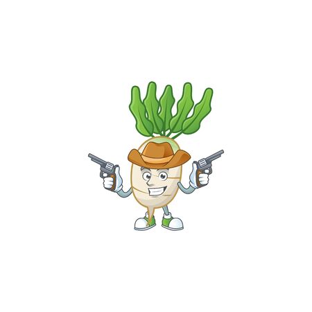 Smiling daikon mascot icon as a Cowboy holding gunsのイラスト素材