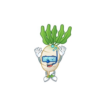 Funny daikon mascot design with Diving glassesのイラスト素材