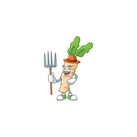Happy Farmer horseradish cartoon mascot with hat and tools. Vector illustrationのイラスト素材