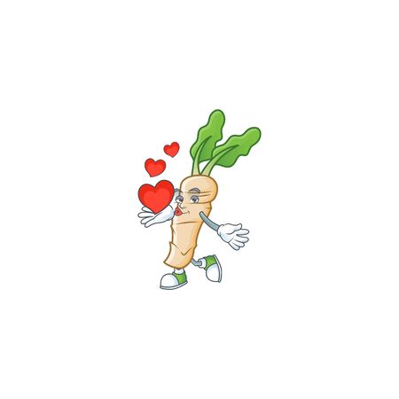 Happy horseradish cartoon character mascot with heart. Vector illustrationのイラスト素材