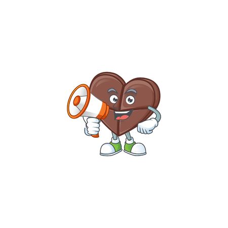 Smiling cartoon character of chocolate bar love with megaphone. Vector illustrationのイラスト素材