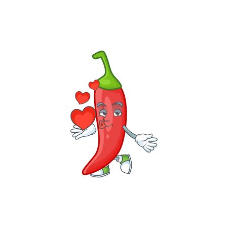 Happy red chili cartoon character mascot with heart. Vector illustrationのイラスト素材