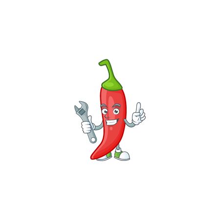 Smart and Professional Mechanic red chili cartoon character. Vector illustrationのイラスト素材