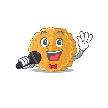 Happy chinese mooncake singing on a microphone. Vector illustrationのイラスト素材
