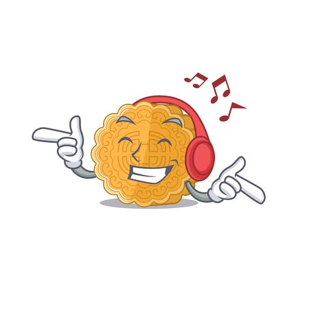 Listening music chinese mooncake mascot cartoon character design. Vector illustrationのイラスト素材