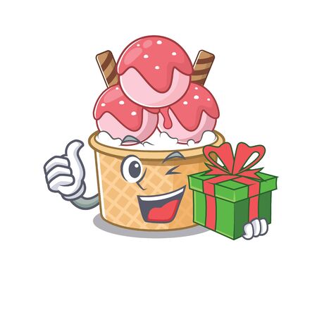 Smiley ice cream sundae character with gift box. Vector illustrationのイラスト素材