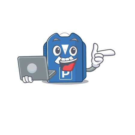 Smart character of parking disc working with laptop. Vector illustrationのイラスト素材