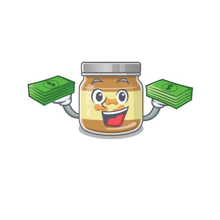 happy rich peanut butter character with money on hands. Vector illustrationのイラスト素材