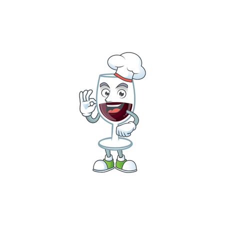 Red glass of wine cartoon character wearing costume of chef and white hat. Vector illustrationのイラスト素材