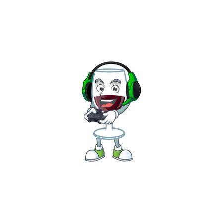 Cool red glass of wine cartoon mascot with headphone and controller. Vector illustrationのイラスト素材