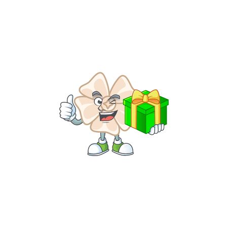 Smiley chinese white flower character with gift boxのイラスト素材