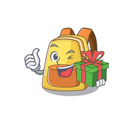 Smiley kids school backpack character with gift boxのイラスト素材