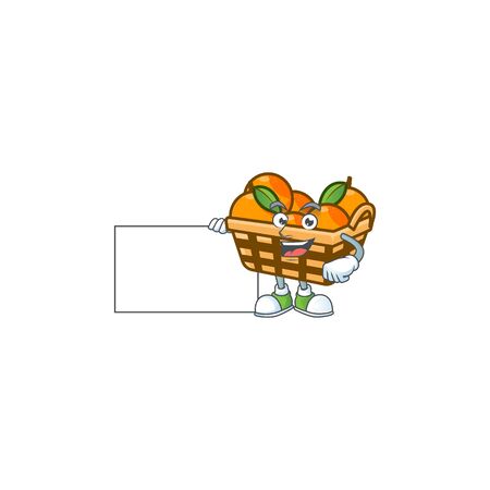 Cheerful basket oranges cartoon character having a board. Vector illustrationのイラスト素材