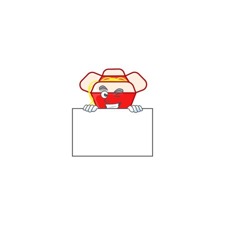 Grinning face chinese box noodle cartoon character style hides behind a board. Vector illustrationのイラスト素材